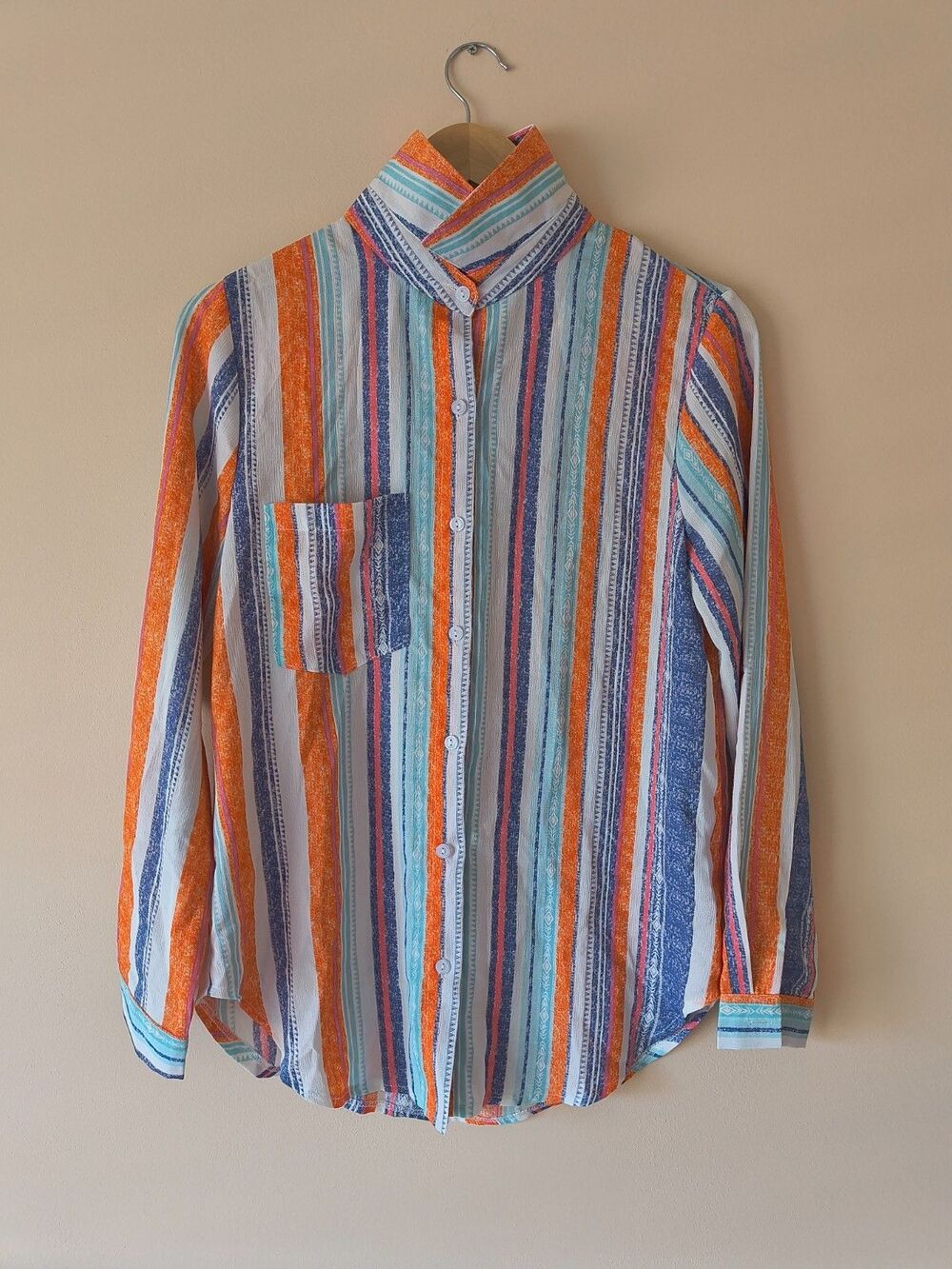 Women's Striped Button Up Blouse Small Orange Blue Lightweight Shirt Pocket